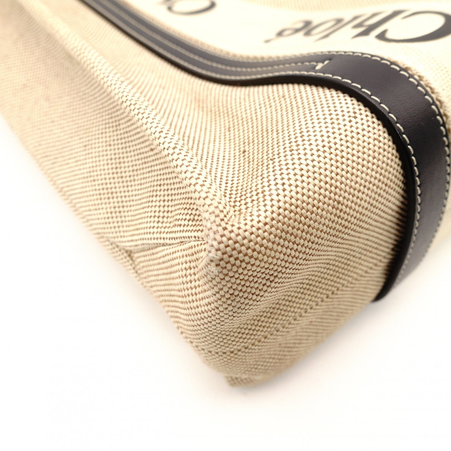 Chloe Woody Medium Tote Canvas Beige × Navy Shoulder Logo 7-11-705