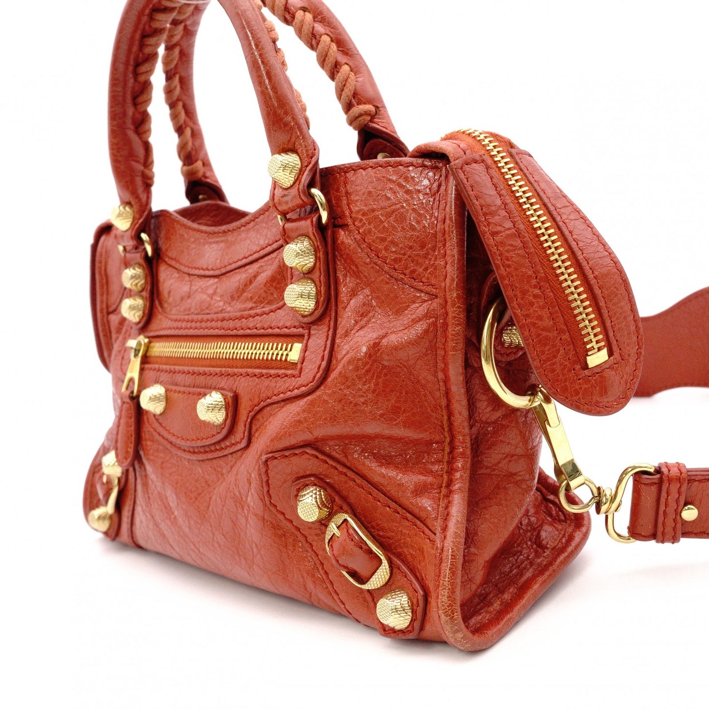 BALENCIAGA Classic Mini City Handbag, Leather, Gold Hardware, Orange, Women's