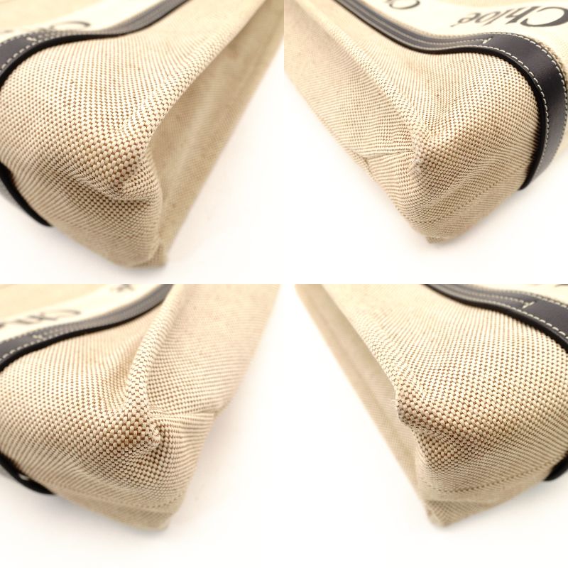 Chloe Woody Medium Tote Canvas Beige × Navy Shoulder Logo 7-11-705