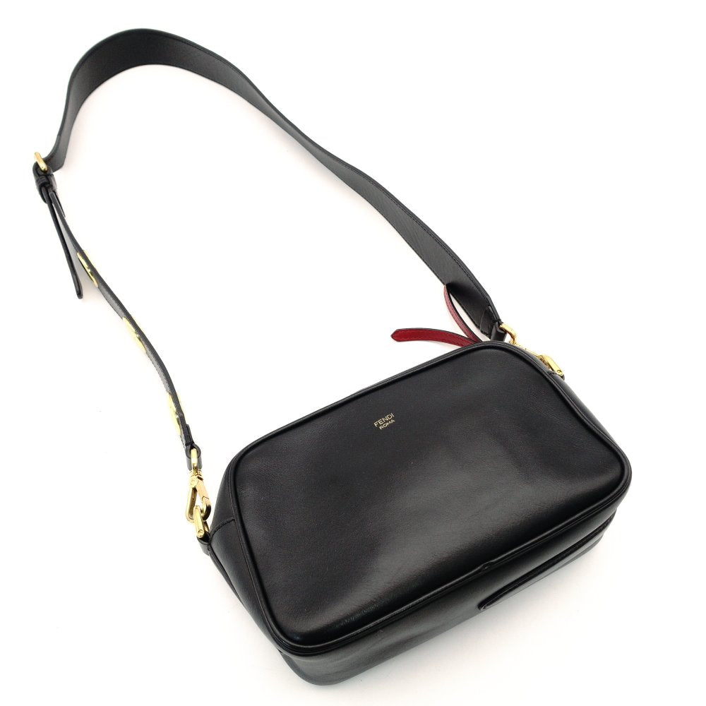 FENDI Zucca Shoulder Bag Black Leather Black Gold Hardware Crossbody 7-10-1104