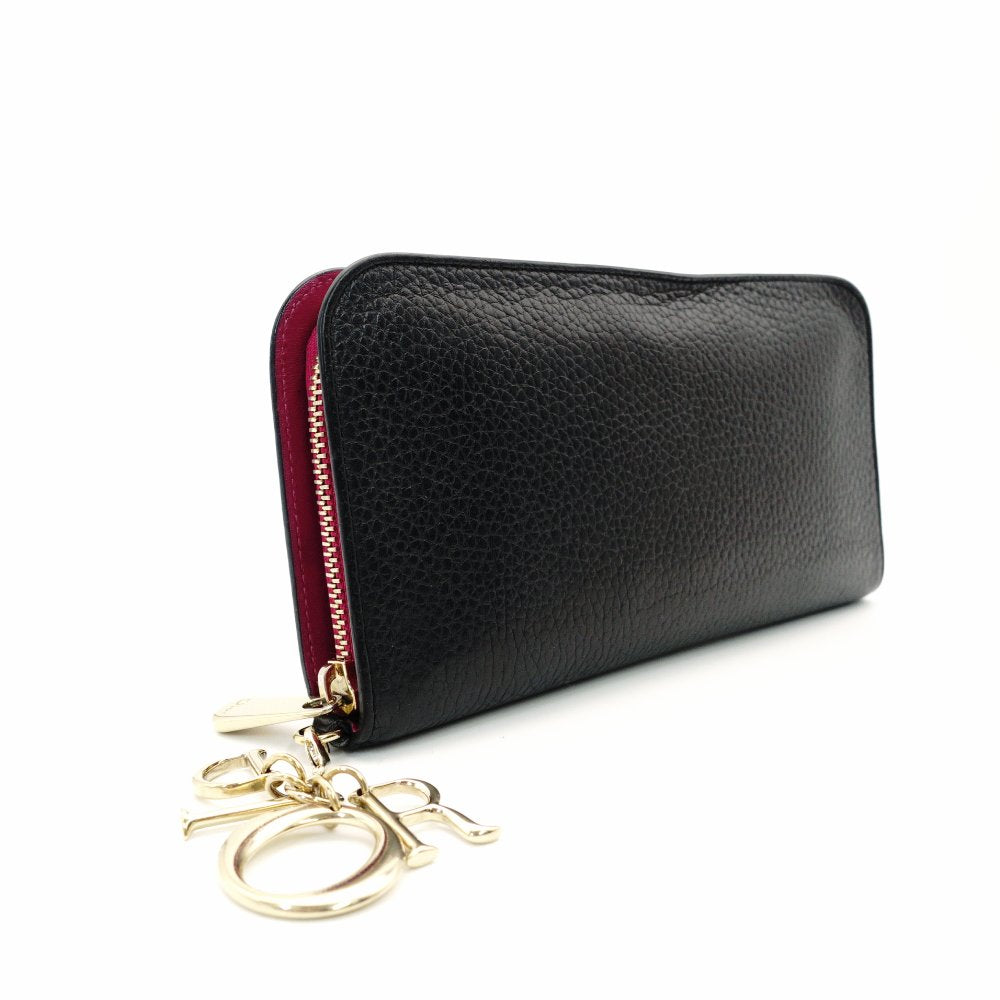 Christian Dior Diorissimo Long Wallet Round Zipper Black Leather 7-11-156