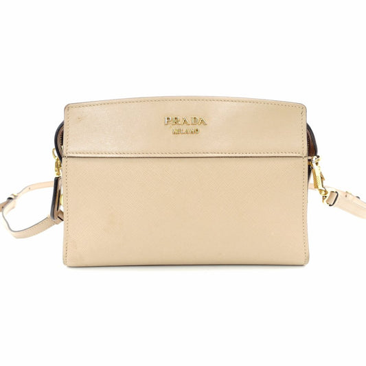PRADA Promenade Saffiano Leather Shoulder Bag Beige Leather Crossbody Gold Hardware 7-10-1109