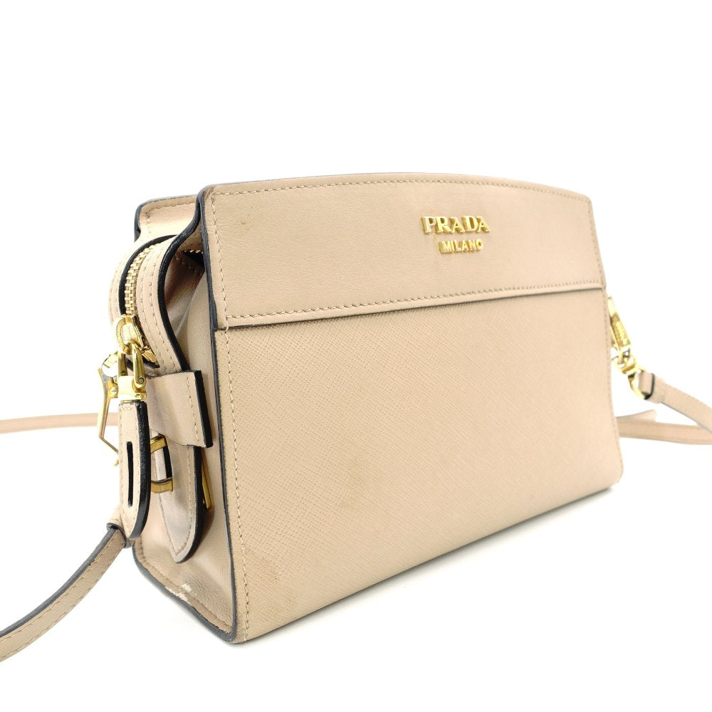 PRADA Promenade Saffiano Leather Shoulder Bag Beige Leather Crossbody Gold Hardware 7-10-1109