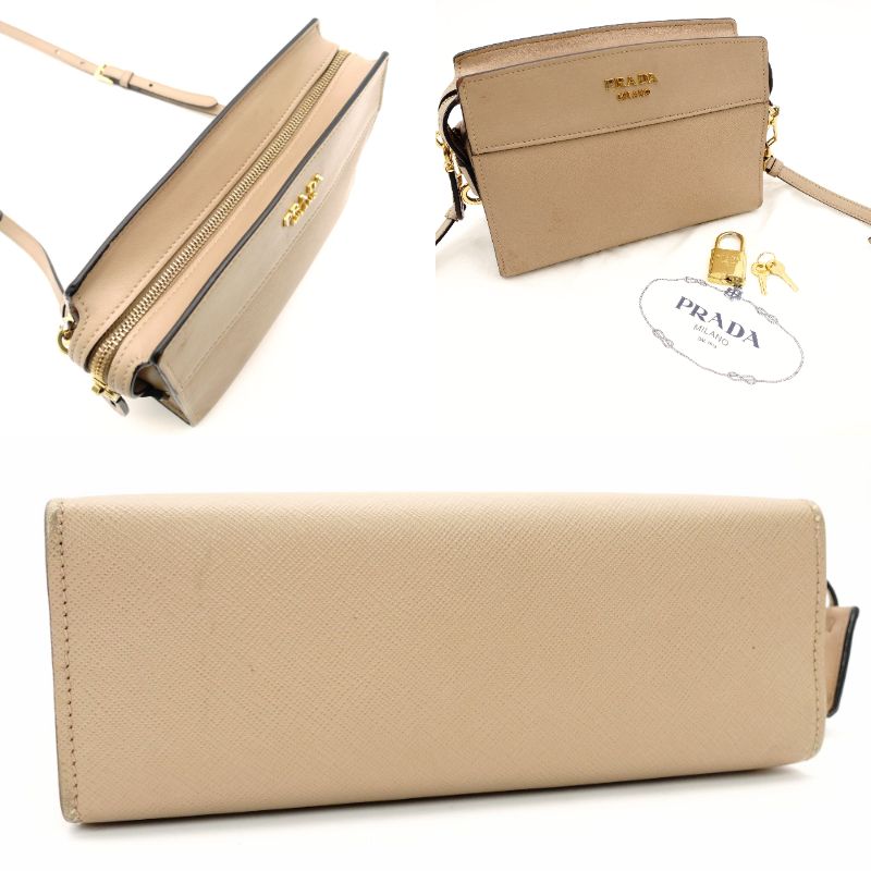 PRADA Promenade Saffiano Leather Shoulder Bag Beige Leather Crossbody Gold Hardware 7-10-1109