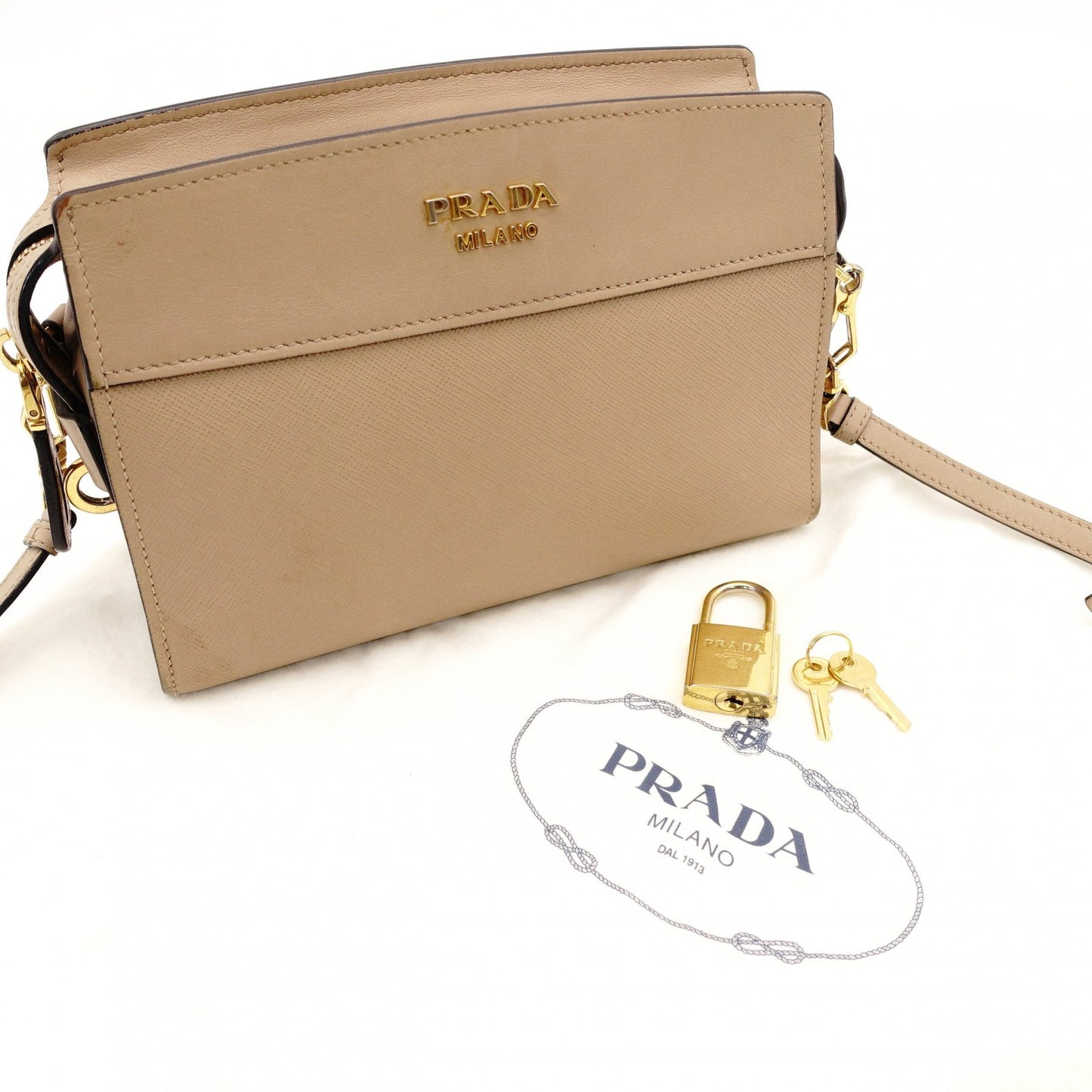 PRADA Promenade Saffiano Leather Shoulder Bag Beige Leather Crossbody Gold Hardware 7-10-1109