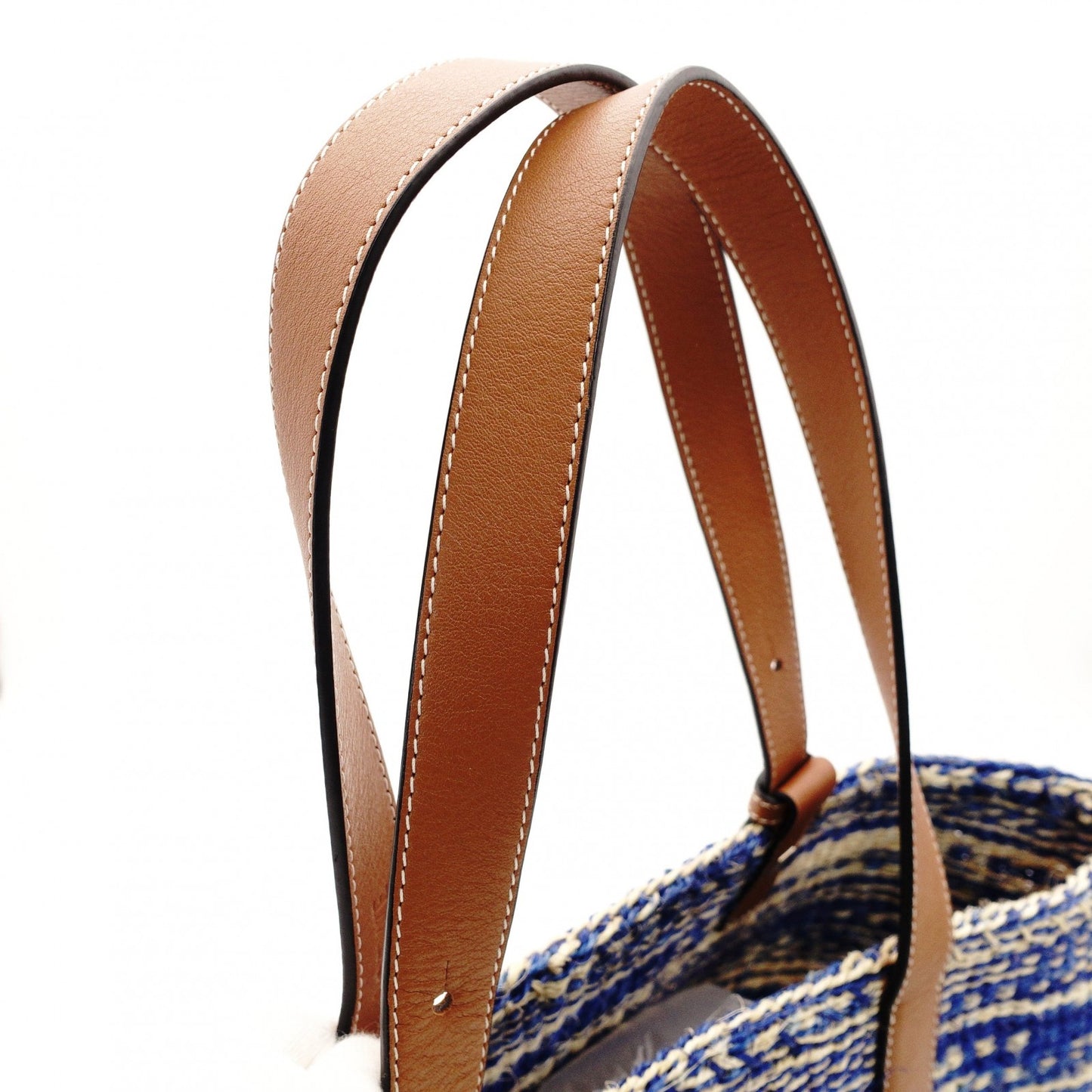 LOEWE Paula's Ibiza Basket Bag Woven Bag Blue × Brown Shoulder Leather Tote Bag Straw 7-11-597