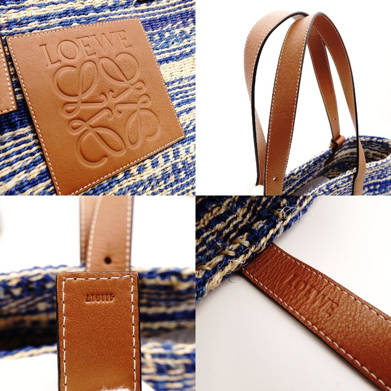 LOEWE Paula's Ibiza Basket Bag Woven Bag Blue × Brown Shoulder Leather Tote Bag Straw 7-11-597