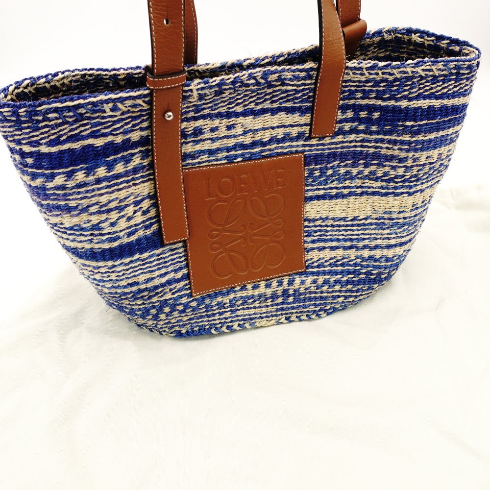 LOEWE Paula's Ibiza Basket Bag Woven Bag Blue × Brown Shoulder Leather Tote Bag Straw 7-11-597