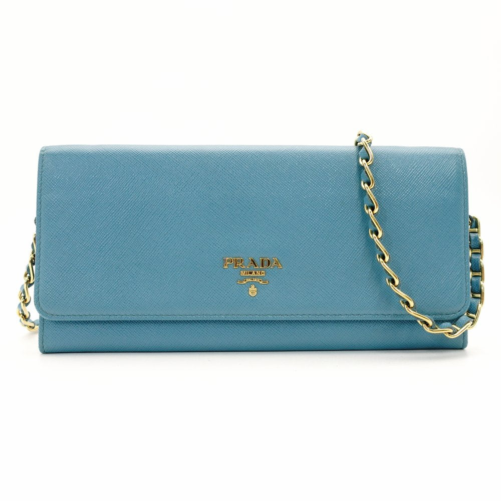 PRADA Saffiano Leather Chain Wallet Shoulder Bag Leather Blue Gold Hardware 7-11-626