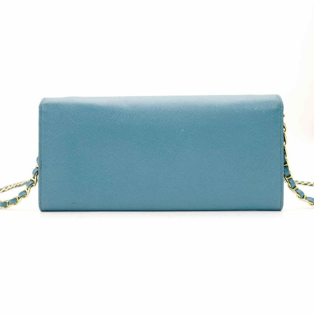 PRADA Saffiano Leather Chain Wallet Shoulder Bag Leather Blue Gold Hardware 7-11-626