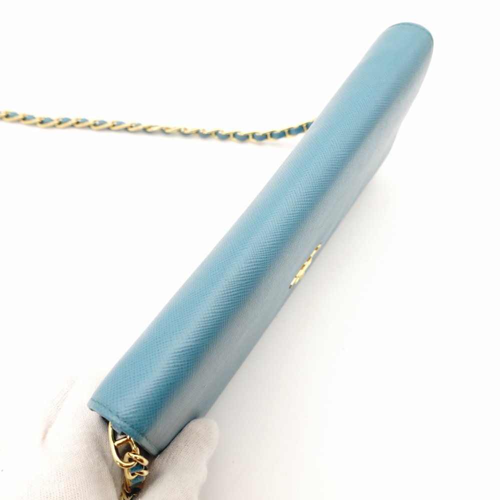 PRADA Saffiano Leather Chain Wallet Shoulder Bag Leather Blue Gold Hardware 7-11-626