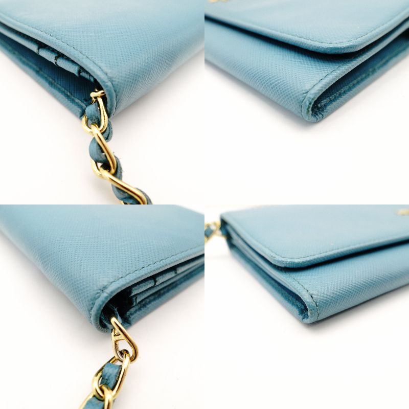 PRADA Saffiano Leather Chain Wallet Shoulder Bag Leather Blue Gold Hardware 7-11-626
