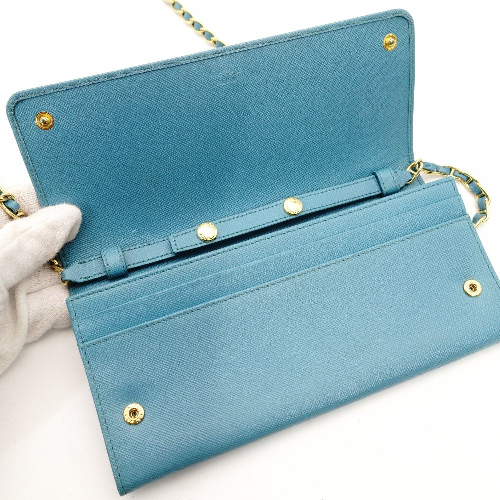 PRADA Saffiano Leather Chain Wallet Shoulder Bag Leather Blue Gold Hardware 7-11-626