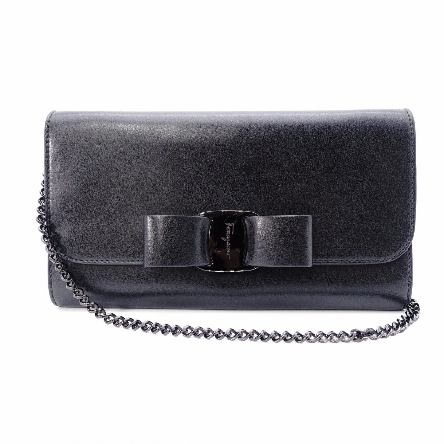 Salvatore Ferragamo Vara Wallet Chain, Leather, Black