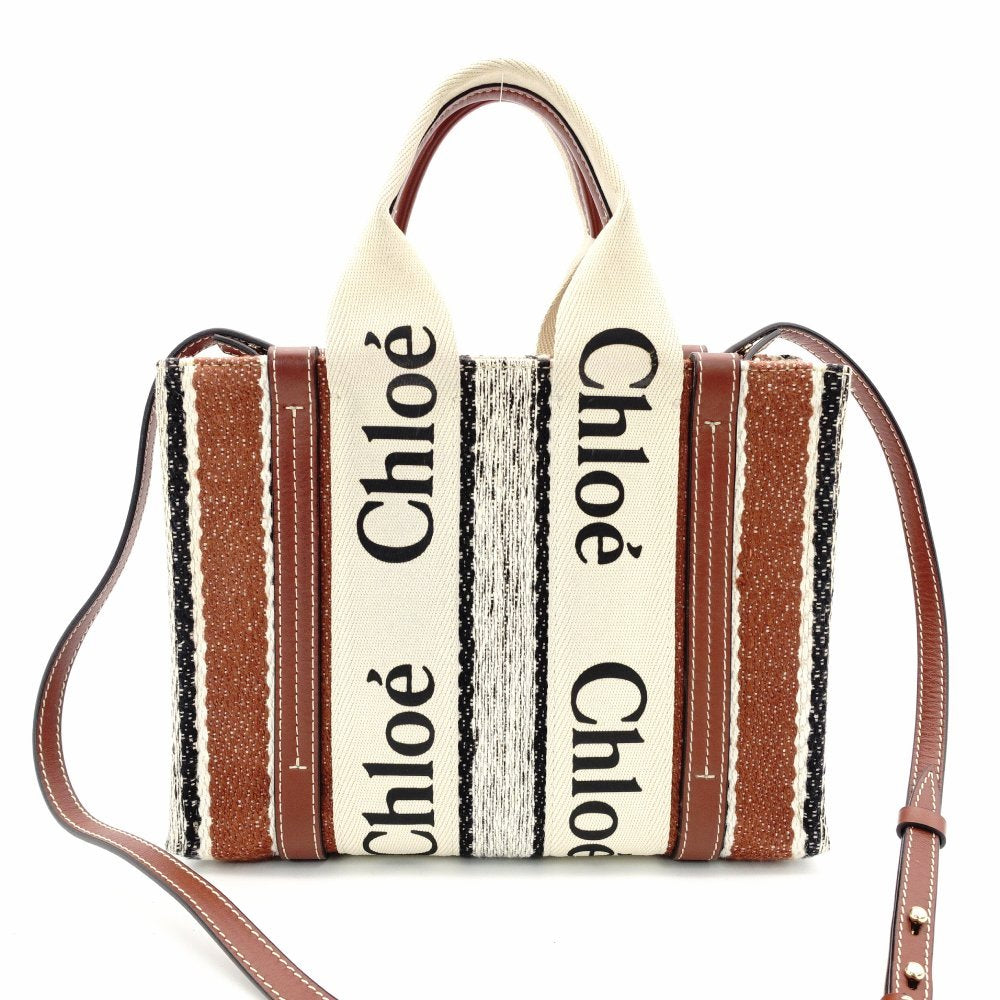 Chloe Woody Small Handbag 2-Way Canvas Beige × Brown Crossbody 7-11-646