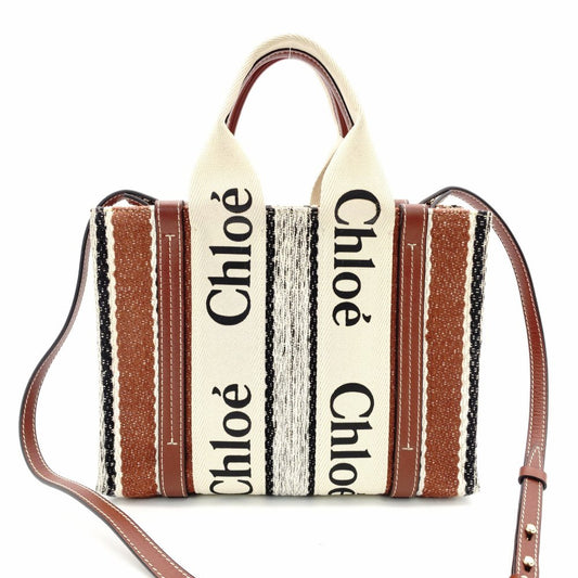 Chloe Woody Small Handbag 2-Way Canvas Beige × Brown Crossbody 7-11-646