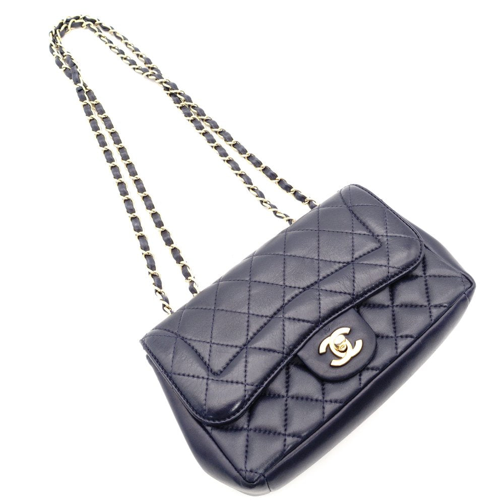 CHANEL Matelassé Chain Shoulder Bag Lambskin Navy Leather Gold Hardware CC Logo Crossbody 7-9-593