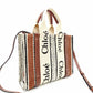 Chloe Woody Small Handbag 2-Way Canvas Beige × Brown Crossbody 7-11-646