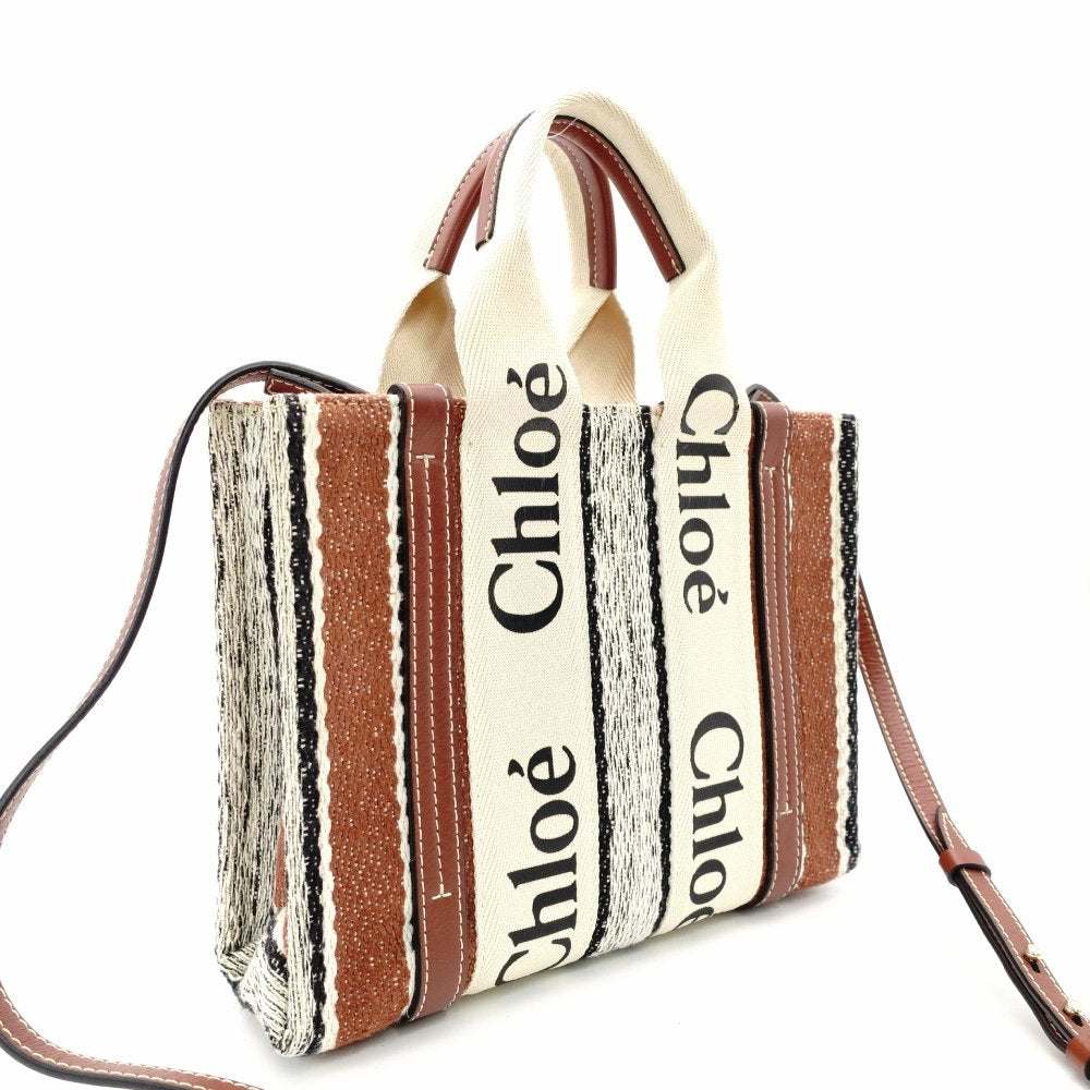 Chloe Woody Small Handbag 2-Way Canvas Beige × Brown Crossbody 7-11-646