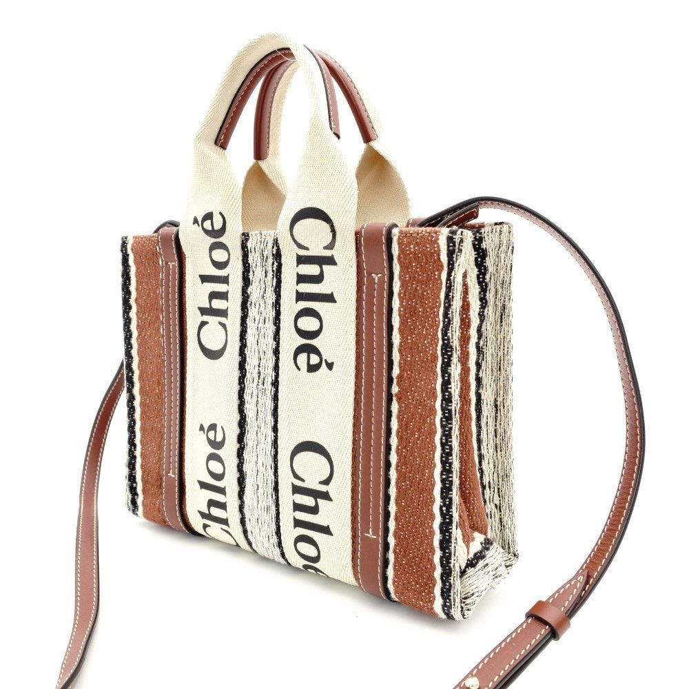 Chloe Woody Small Handbag 2-Way Canvas Beige × Brown Crossbody 7-11-646