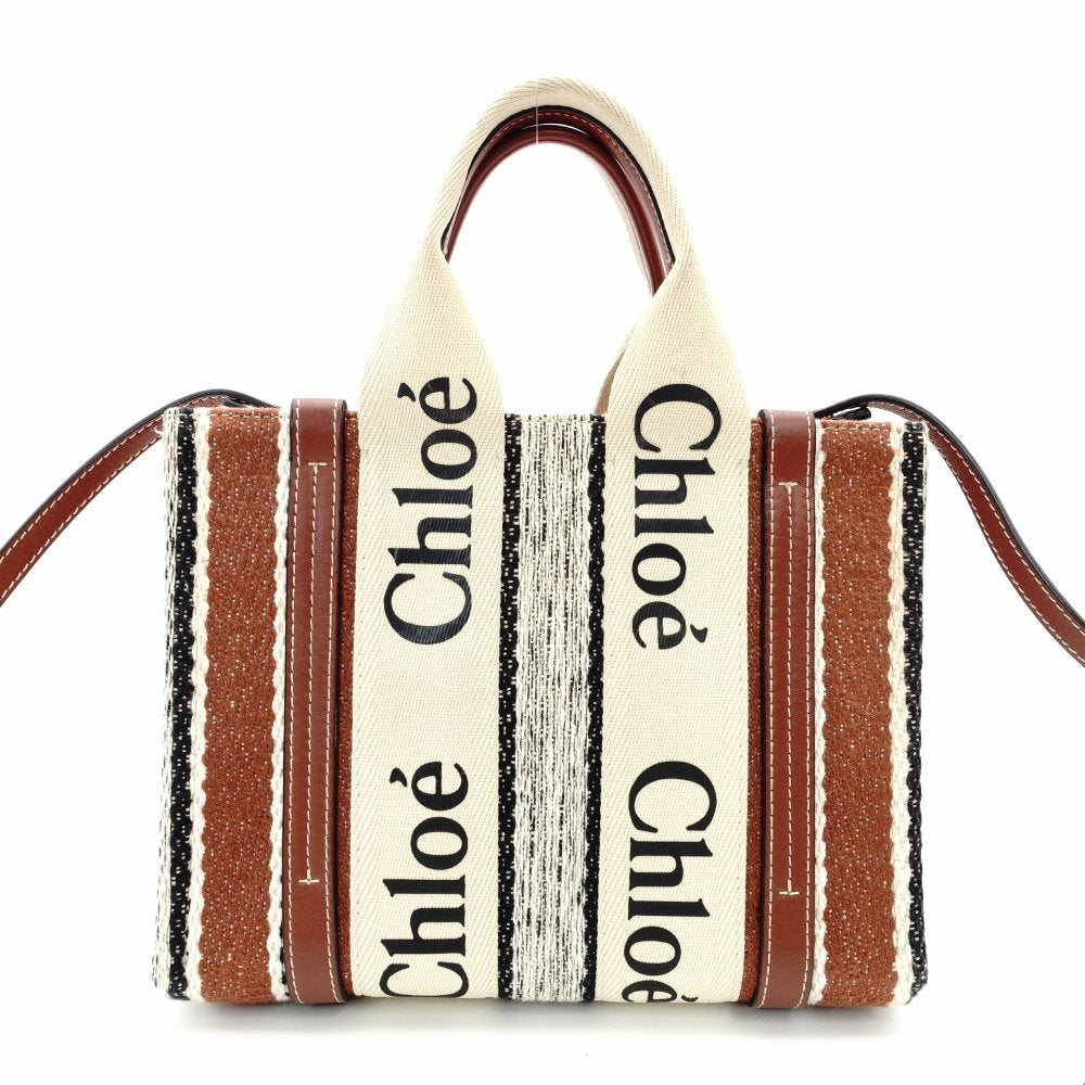 Chloe Woody Small Handbag 2-Way Canvas Beige × Brown Crossbody 7-11-646