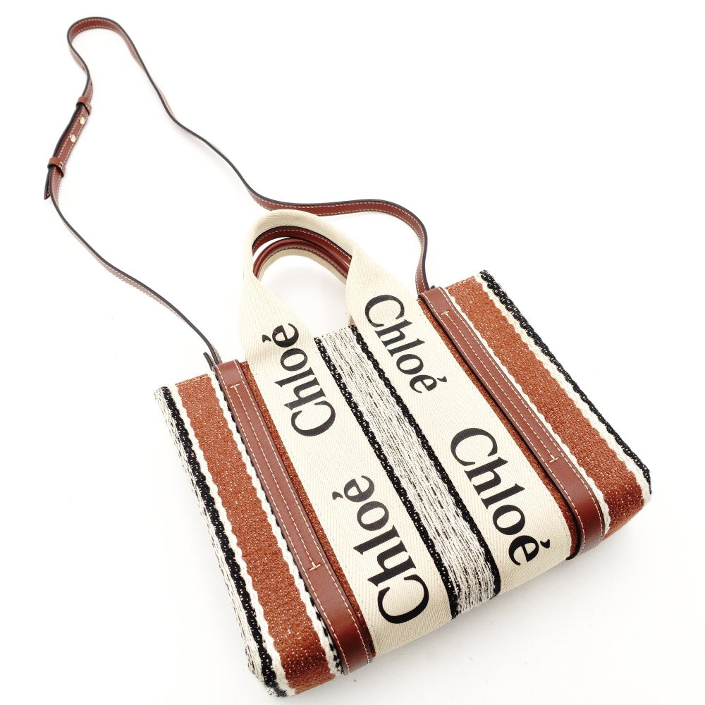 Chloe Woody Small Handbag 2-Way Canvas Beige × Brown Crossbody 7-11-646