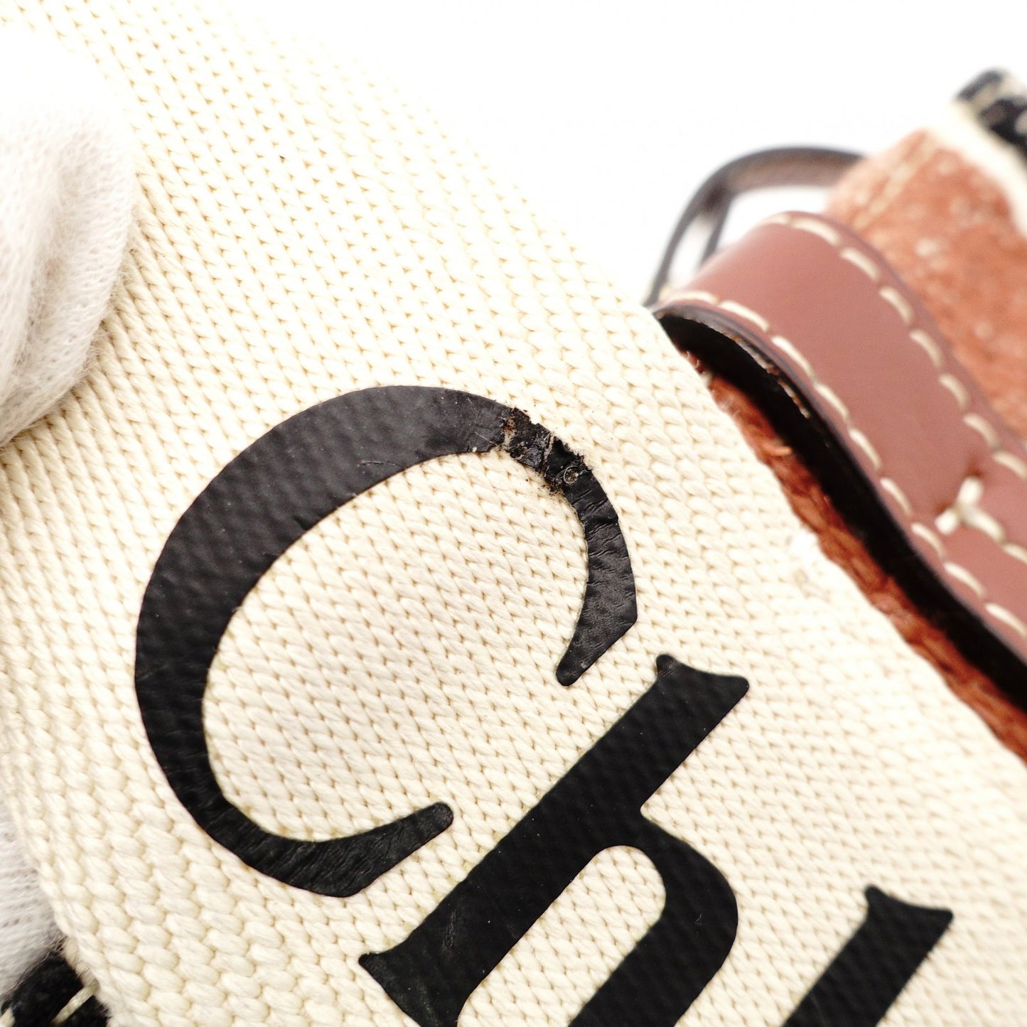 Chloe Woody Small Handbag 2-Way Canvas Beige × Brown Crossbody 7-11-646