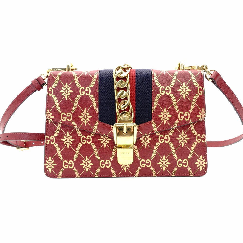 GUCCI Sylvie Bee & Star Shoulder Bag Red Red Leather Gold Hardware Crossbody 7-10-974