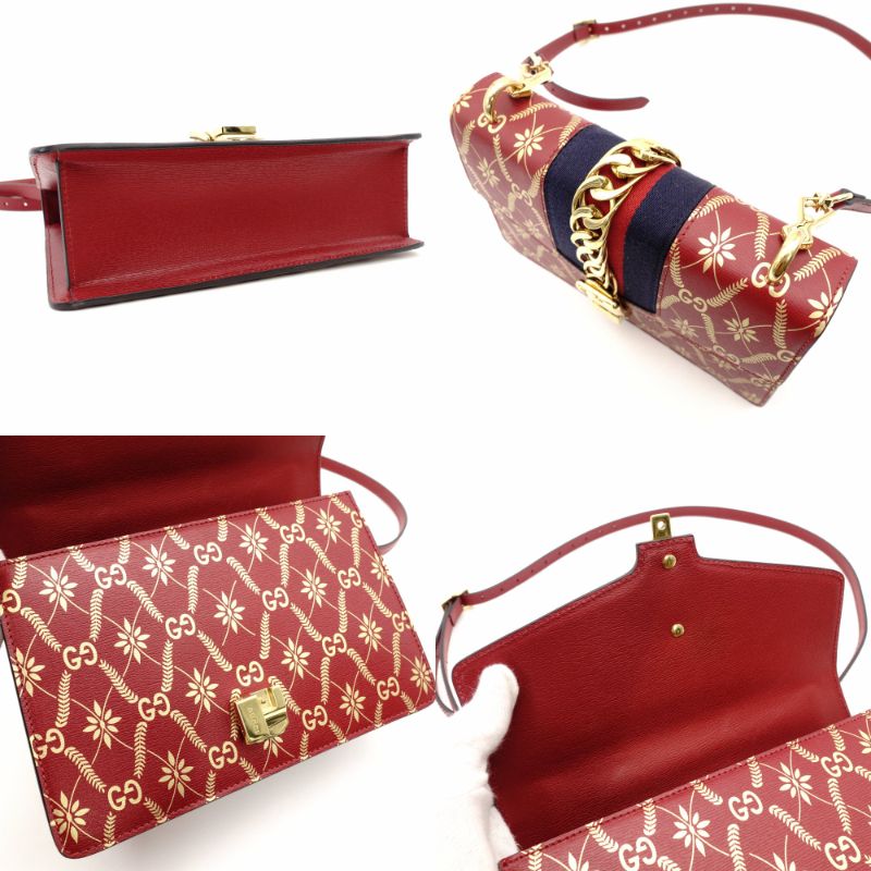GUCCI Sylvie Bee & Star Shoulder Bag Red Red Leather Gold Hardware Crossbody 7-10-974