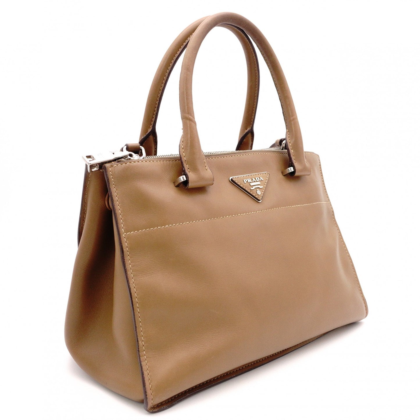 PRADA Cameo Handbag, Leather, Brown, 2-Way Crossbody, Triangle Logo