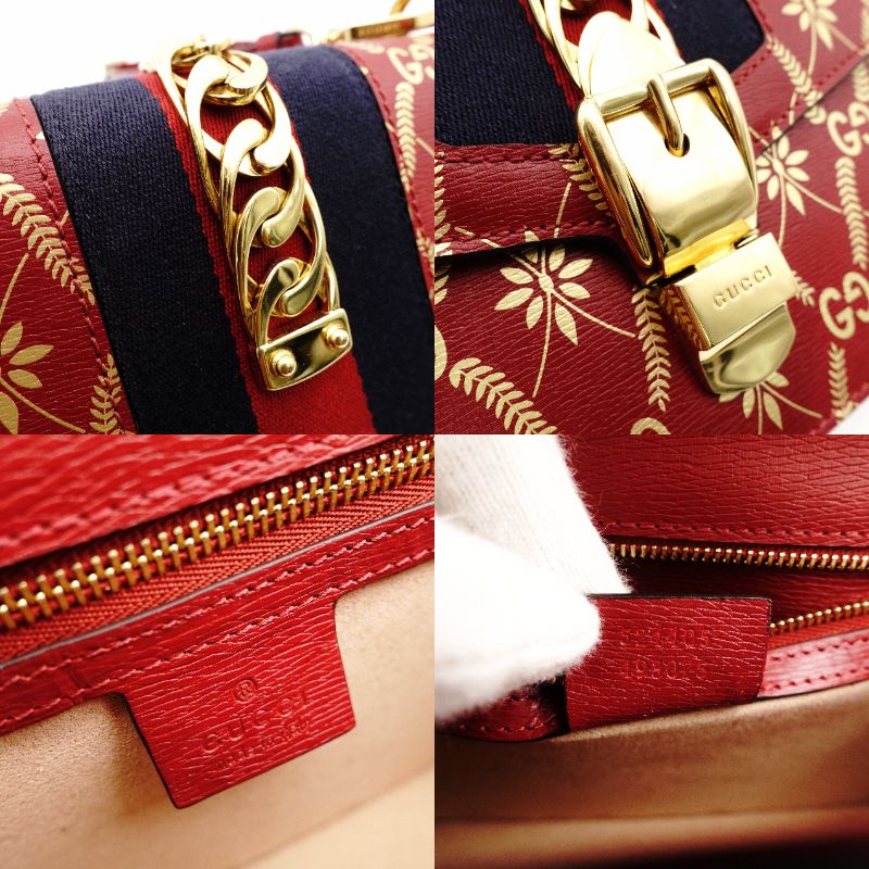 GUCCI Sylvie Bee & Star Shoulder Bag Red Red Leather Gold Hardware Crossbody 7-10-974