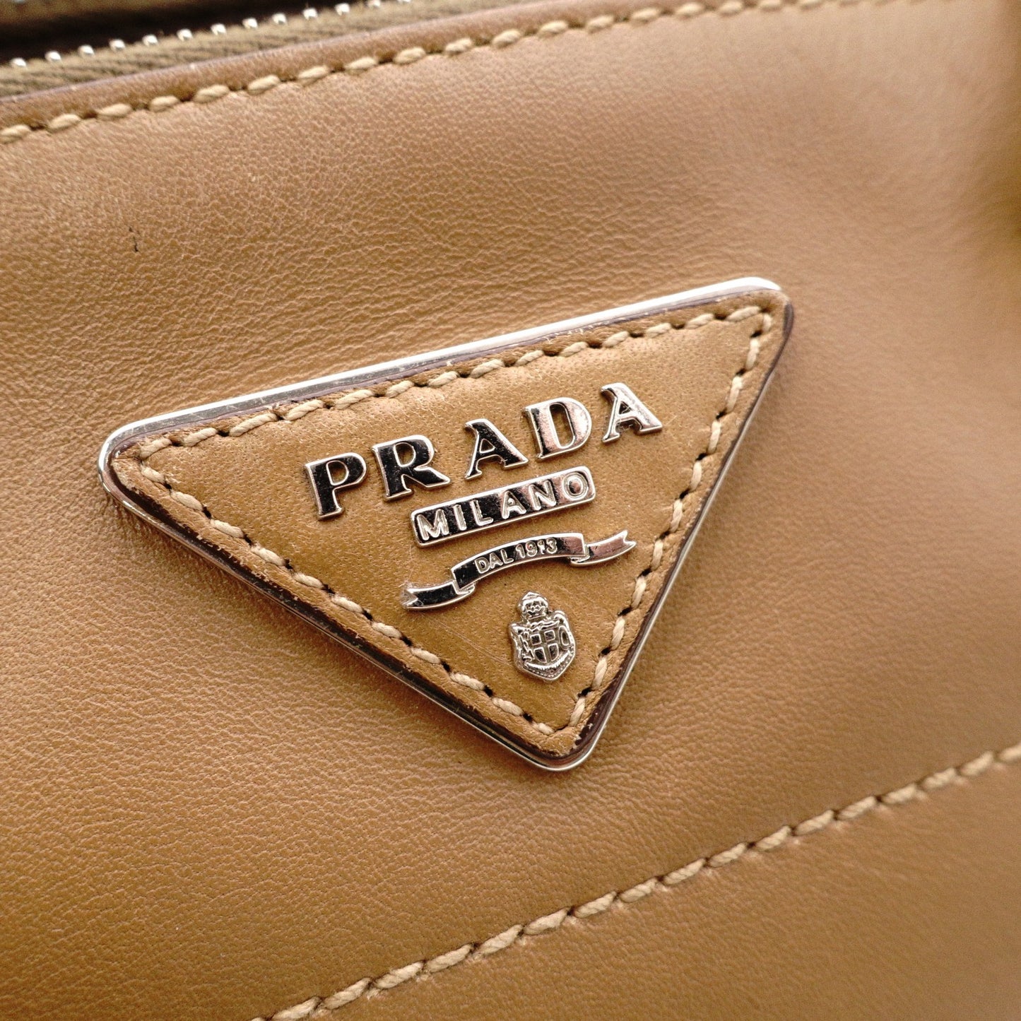 PRADA Cameo Handbag, Leather, Brown, 2-Way Crossbody, Triangle Logo