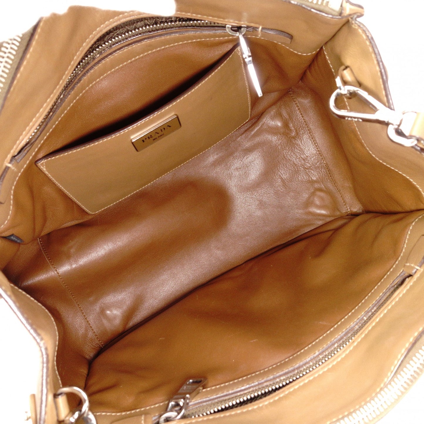 PRADA Cameo Handbag, Leather, Brown, 2-Way Crossbody, Triangle Logo