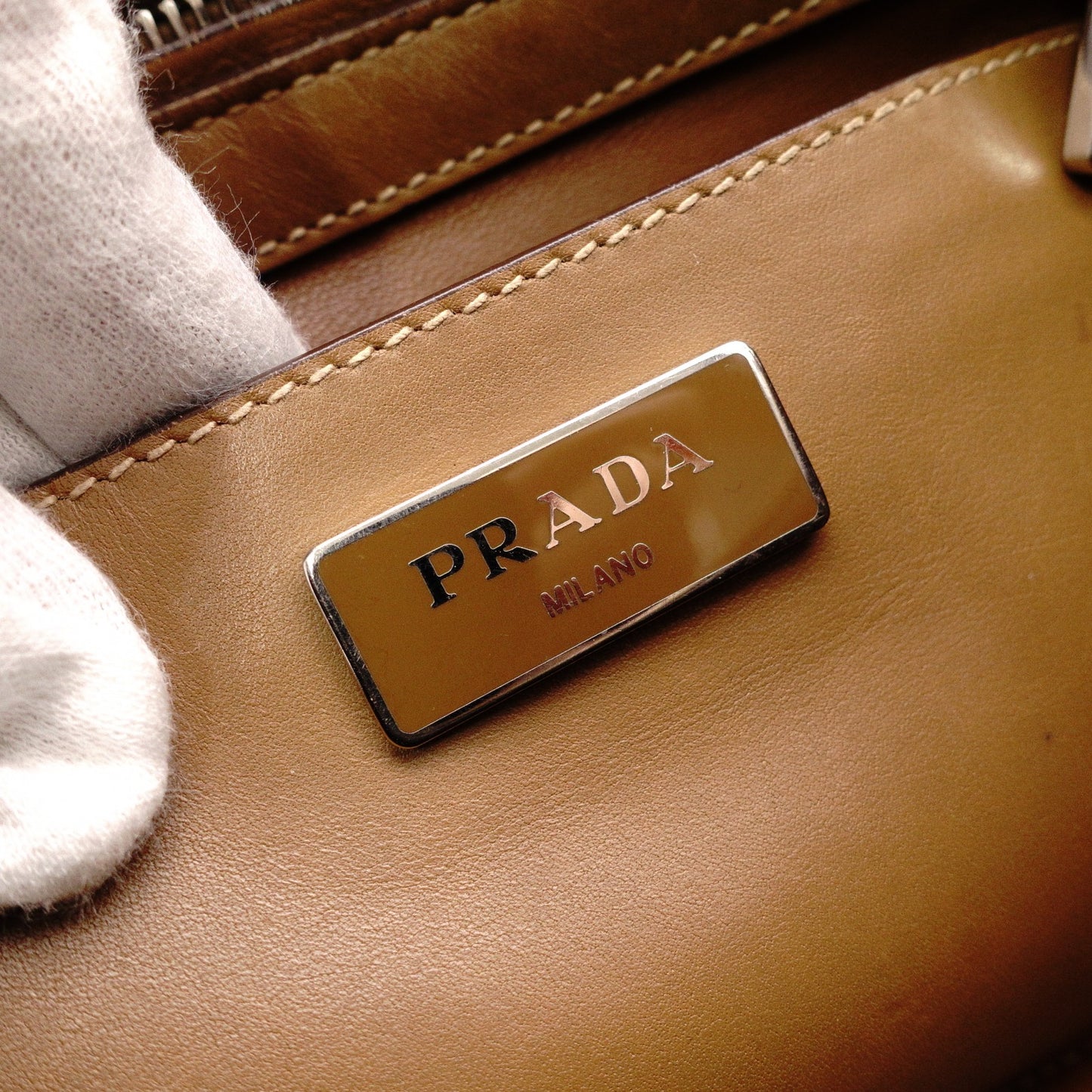 PRADA Cameo Handbag, Leather, Brown, 2-Way Crossbody, Triangle Logo