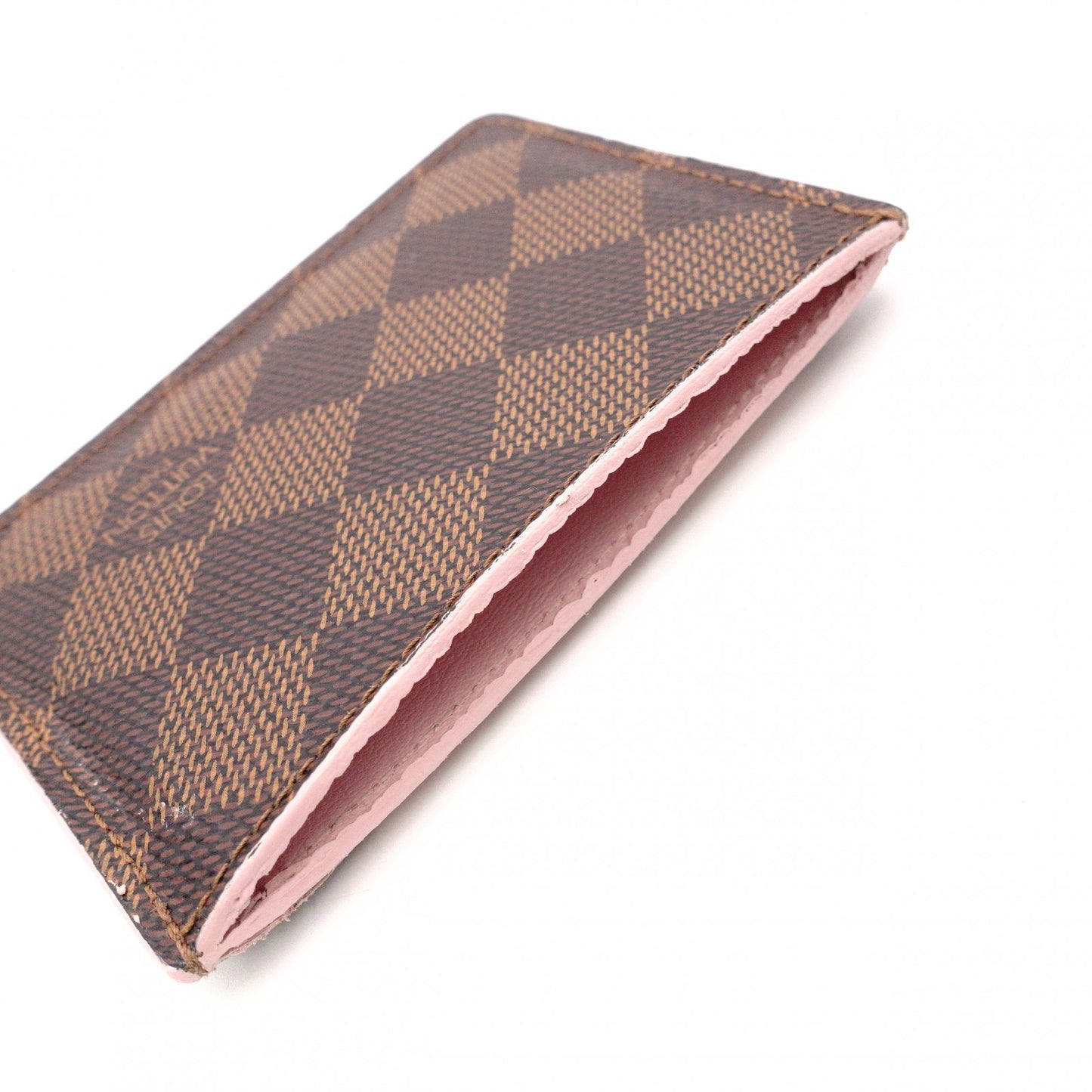 LOUIS VUITTON Damier Ébène Card Case, PVC and Leather, Brown and Pink