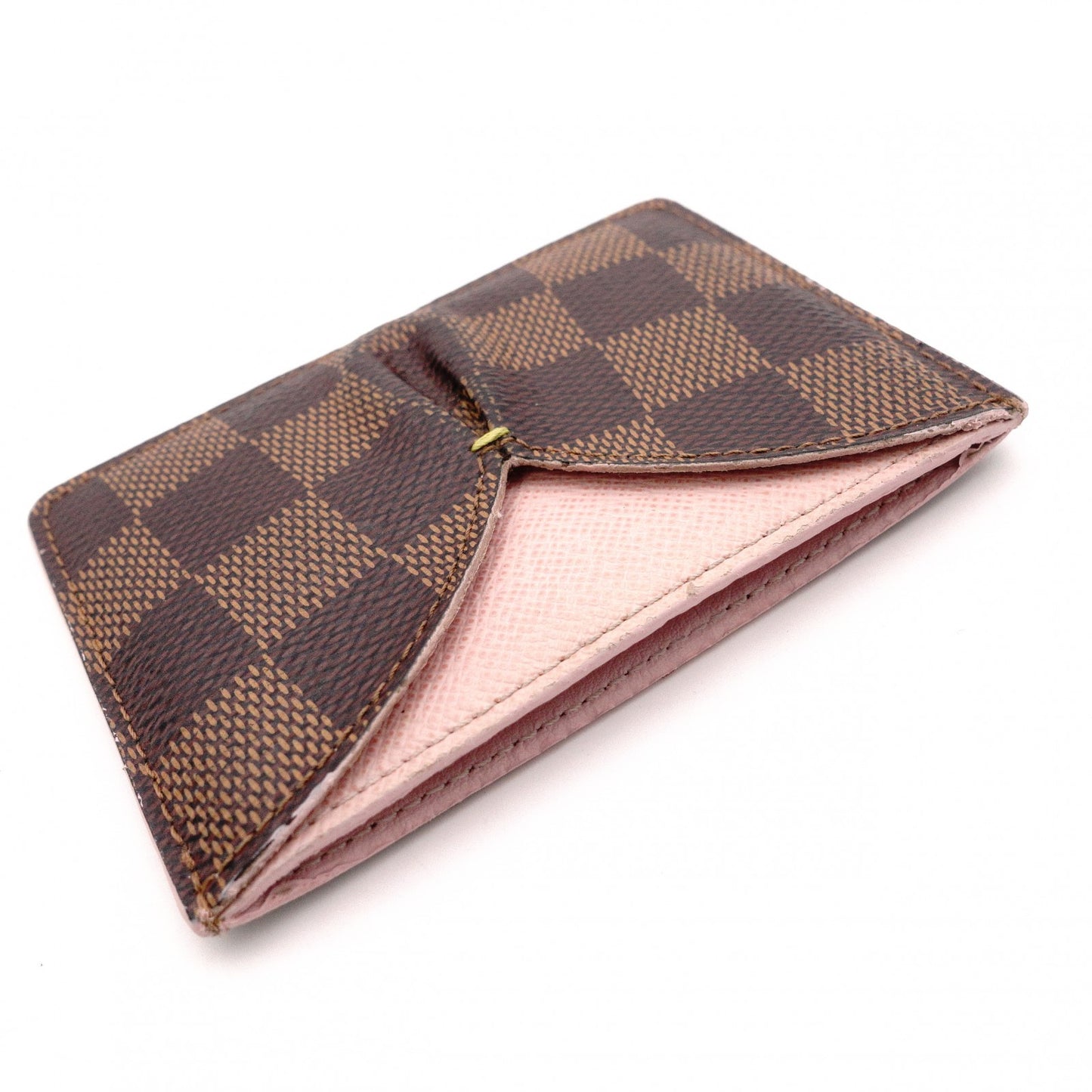 LOUIS VUITTON Damier Ébène Card Case, PVC and Leather, Brown and Pink