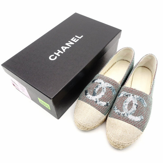 CHANEL Espadrilles Tweed Decacoco CC Logo Blue × Beige Sequins Two-Tone Canvas EU37 Approx. 9.3" 7-11-219