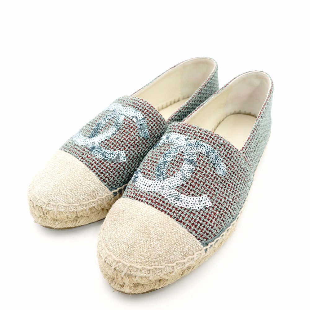 CHANEL Espadrilles Tweed Decacoco CC Logo Blue × Beige Sequins Two-Tone Canvas EU37 Approx. 9.3" 7-11-219