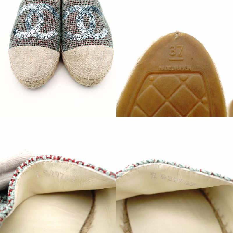 CHANEL Espadrilles Tweed Decacoco CC Logo Blue × Beige Sequins Two-Tone Canvas EU37 Approx. 9.3" 7-11-219