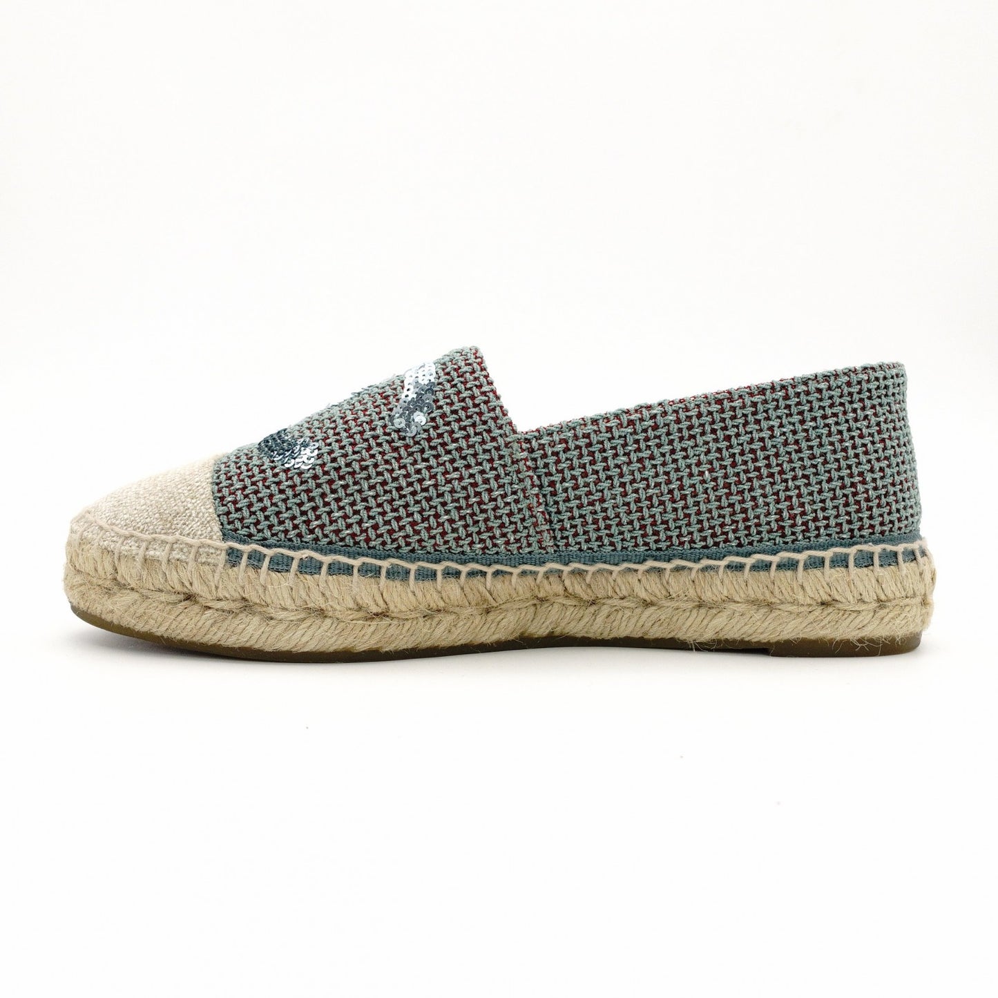 CHANEL Espadrilles Tweed Decacoco CC Logo Blue × Beige Sequins Two-Tone Canvas EU37 Approx. 9.3" 7-11-219