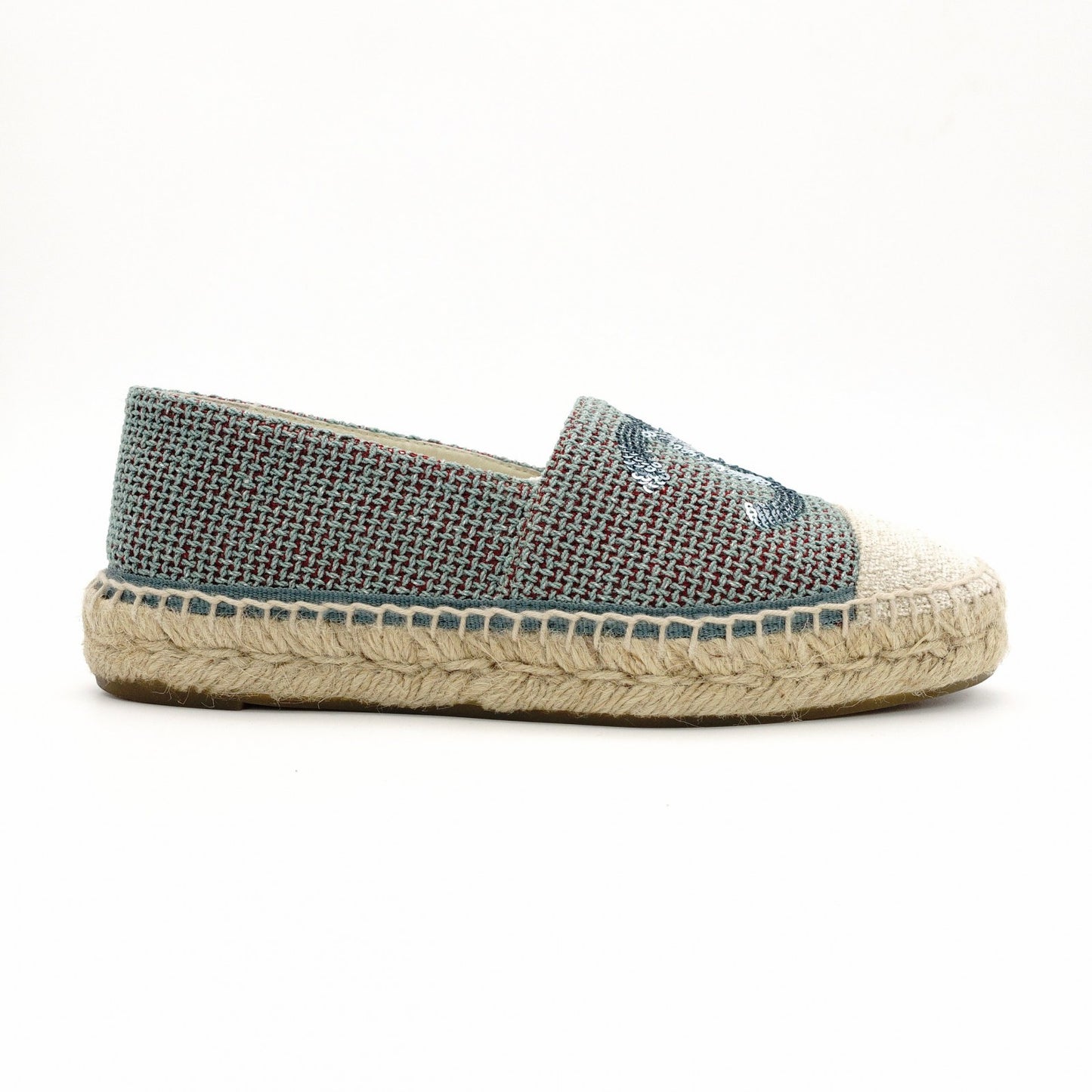 CHANEL Espadrilles Tweed Decacoco CC Logo Blue × Beige Sequins Two-Tone Canvas EU37 Approx. 9.3" 7-11-219