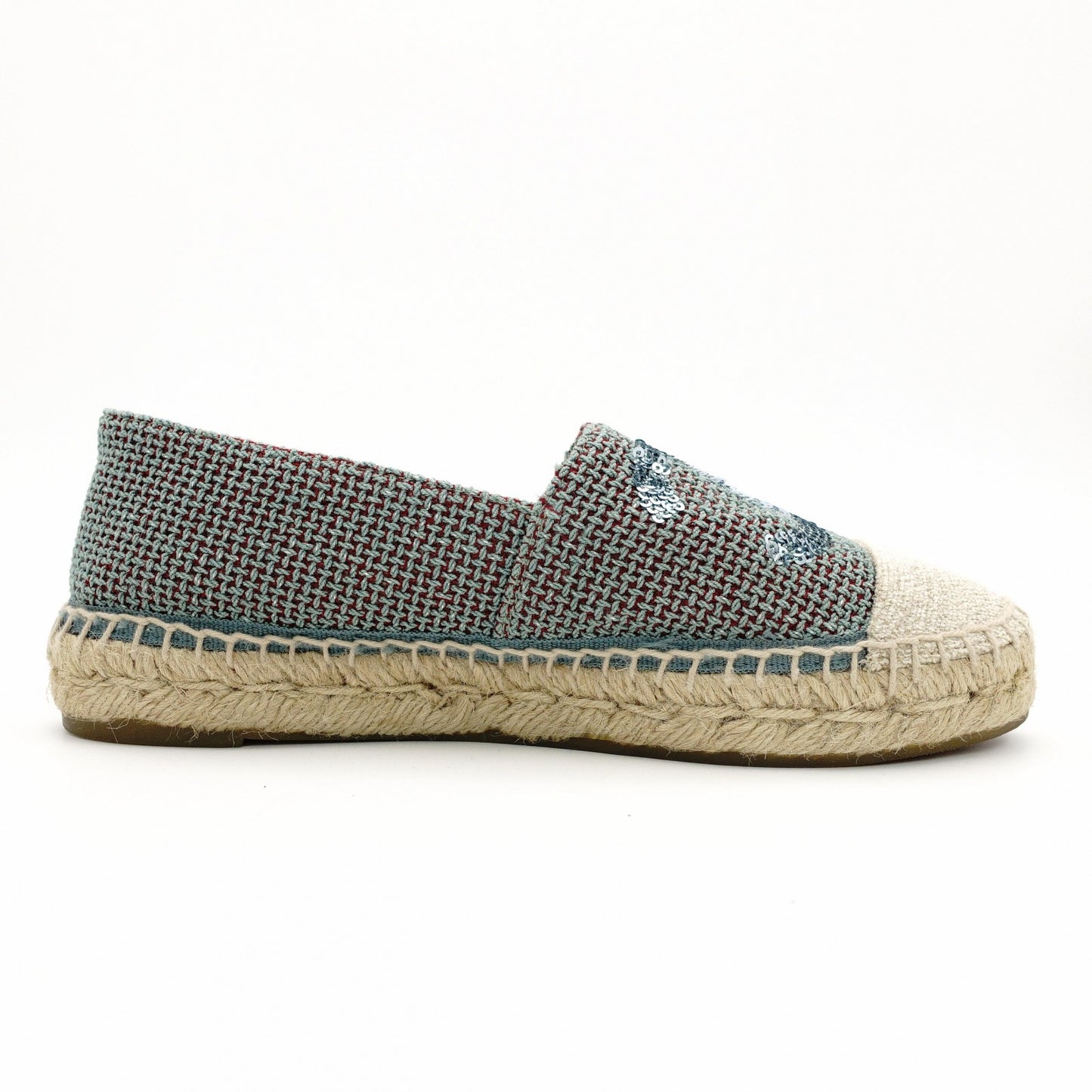 CHANEL Espadrilles Tweed Decacoco CC Logo Blue × Beige Sequins Two-Tone Canvas EU37 Approx. 9.3" 7-11-219