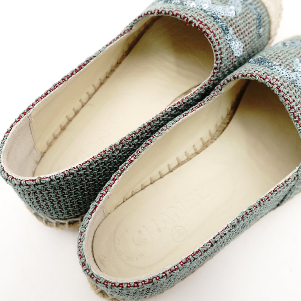 CHANEL Espadrilles Tweed Decacoco CC Logo Blue × Beige Sequins Two-Tone Canvas EU37 Approx. 9.3" 7-11-219