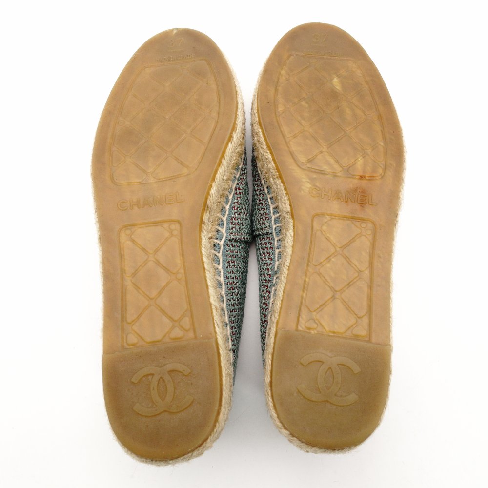 CHANEL Espadrilles Tweed Decacoco CC Logo Blue × Beige Sequins Two-Tone Canvas EU37 Approx. 9.3" 7-11-219