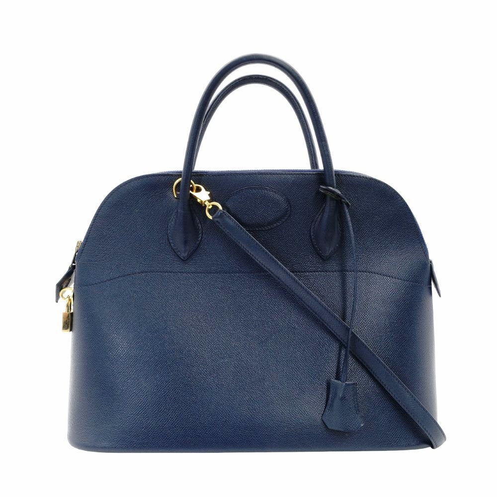 HERMES Bolide 35 Leather Handbag Navy 2-Way 〇Y Stamped Shoulder Strap Gold Hardware 7-7-815