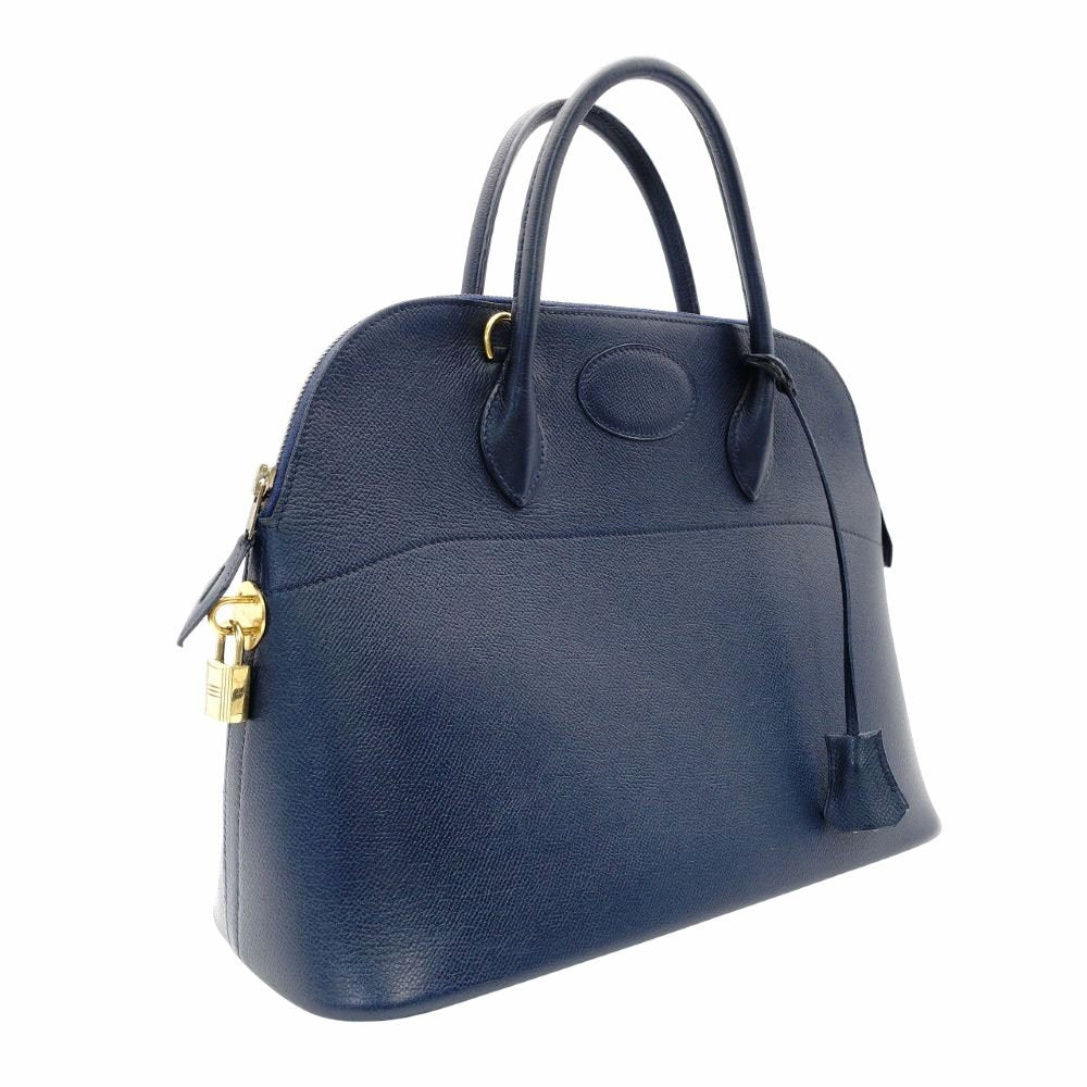 HERMES Bolide 35 Leather Handbag Navy 2-Way 〇Y Stamped Shoulder Strap Gold Hardware 7-7-815