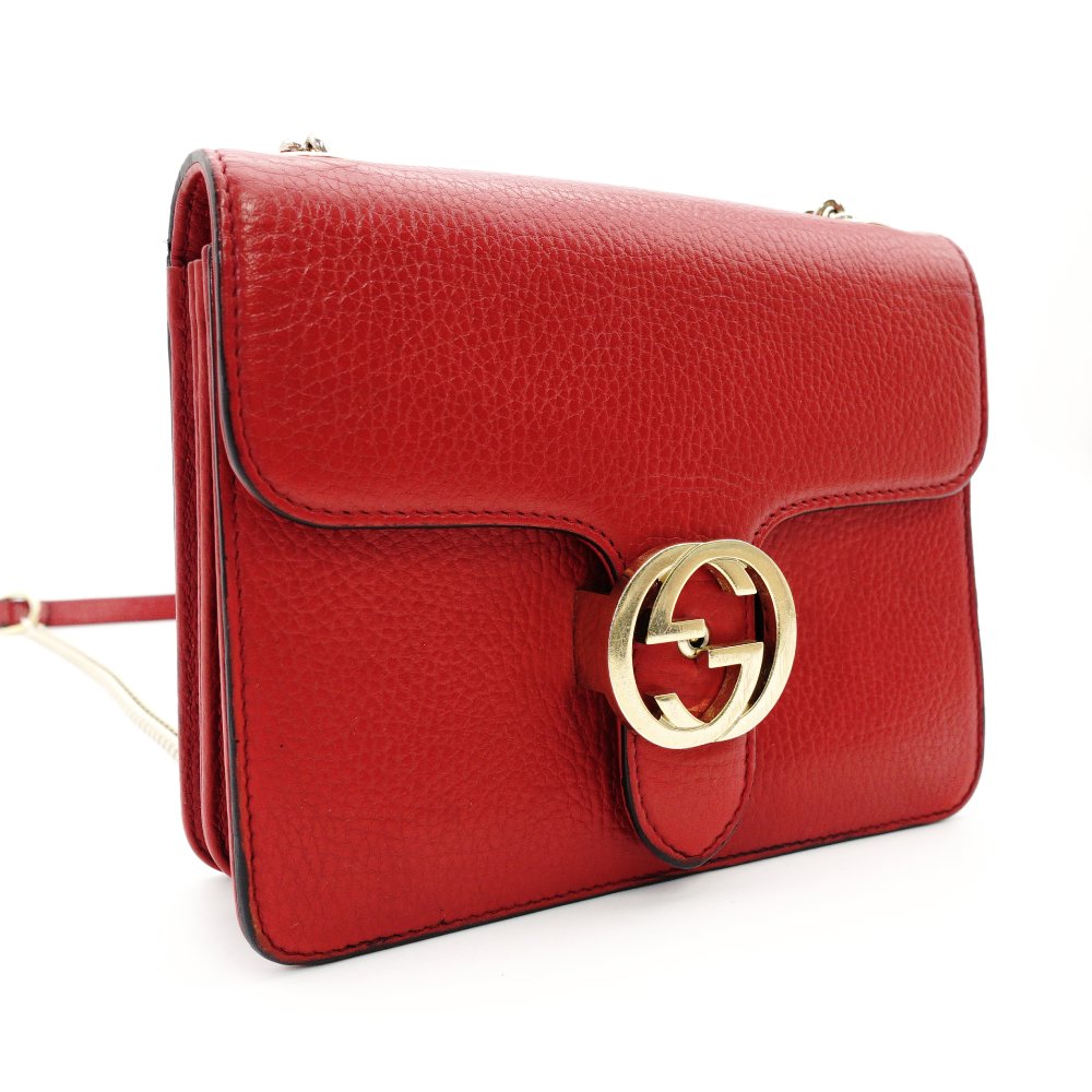 GUCCI Interlocking G Chain Shoulder Bag Red Leather Crossbody 7-10-702