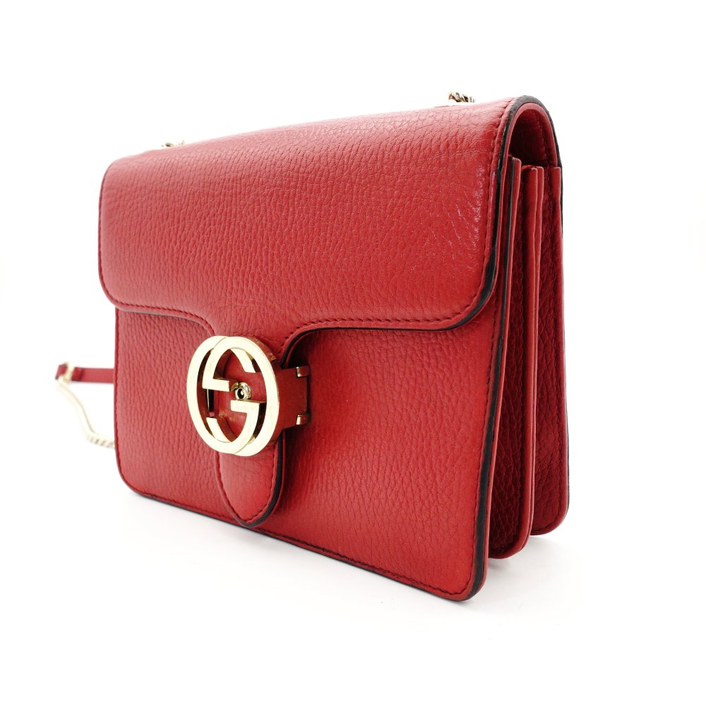 GUCCI Interlocking G Chain Shoulder Bag Red Leather Crossbody 7-10-702