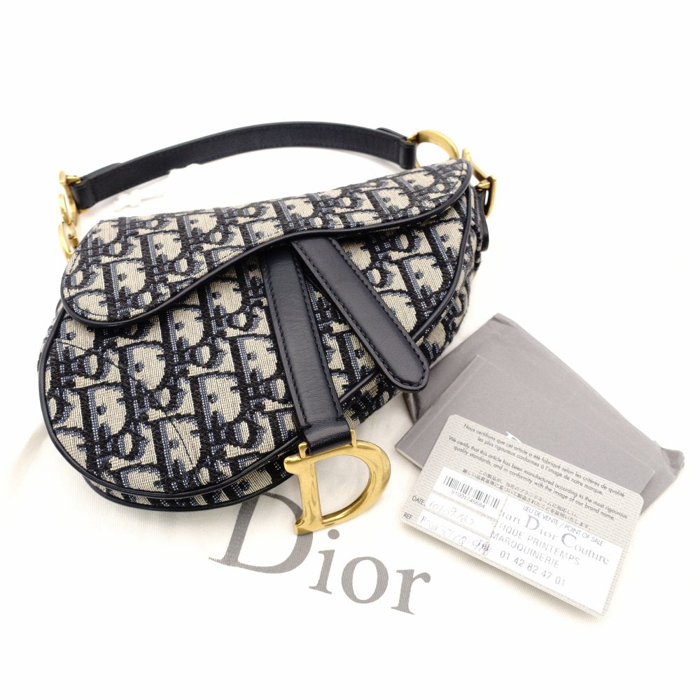 Christian Dior Saddle Bag Oblique Navy × Beige Shoulder Canvas Handbag Leather 7-11-819
