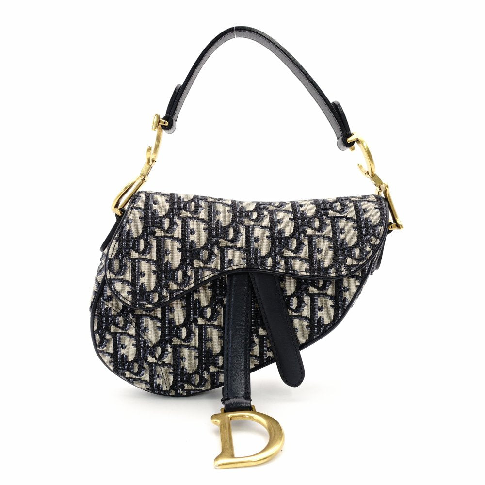 Christian Dior Saddle Bag Oblique Navy × Beige Shoulder Canvas Handbag Leather 7-11-819